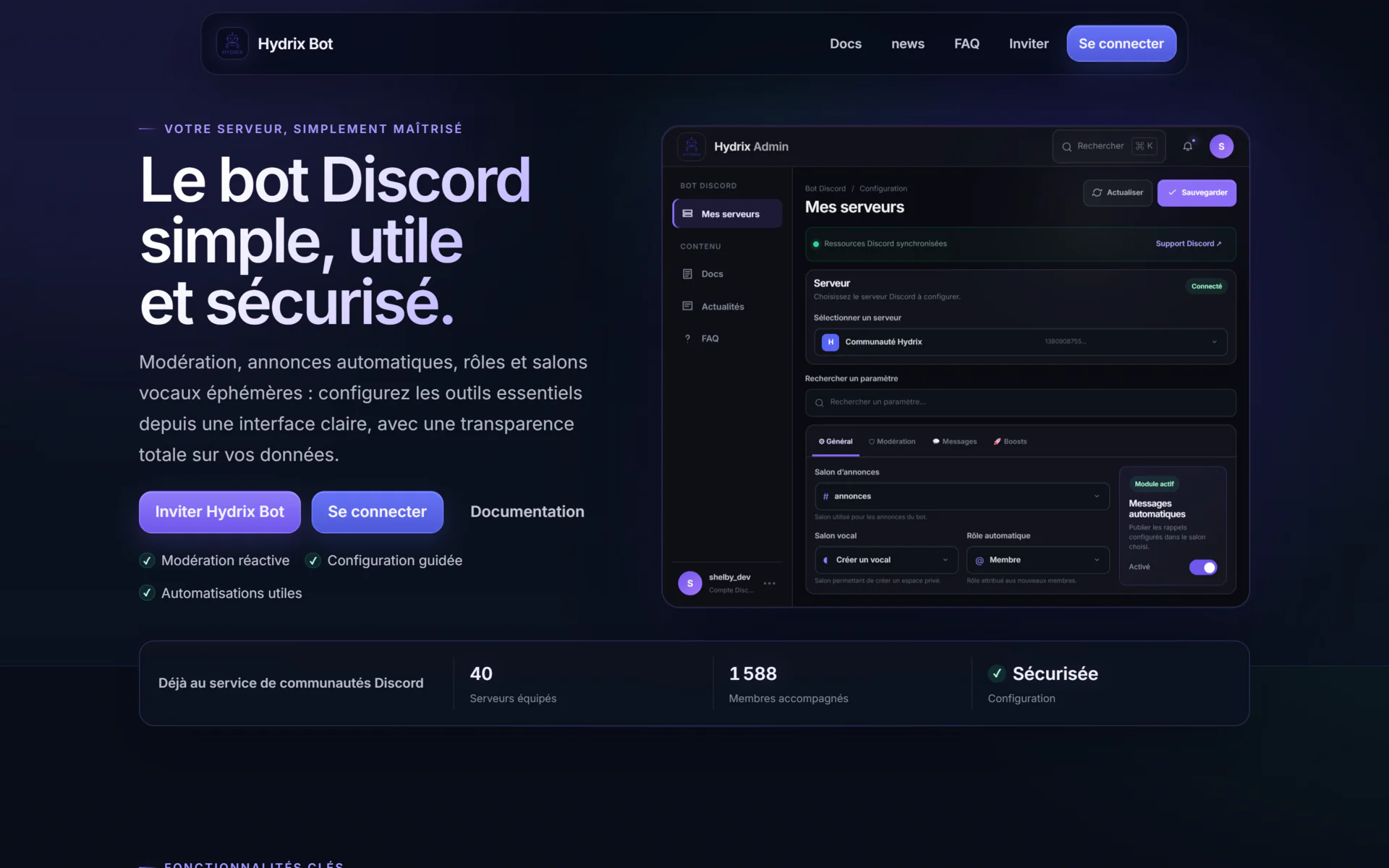 Page d’accueil de Hydrix présentant le bot Discord et son interface d’administration